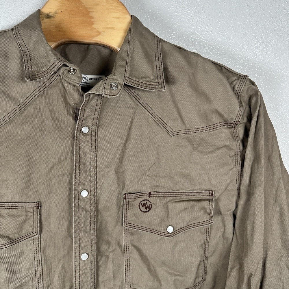 Western Welder Pearl Snap Shirt Mens XL Tan Khaki Cotton Twill Workwear Western